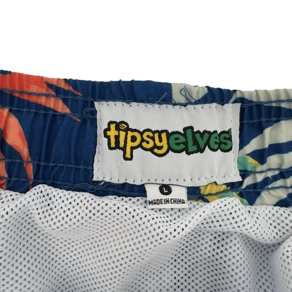 Tipsyelves Casual Tropical Floral Swim Trunks Men's Navy Blue Drawstring Pockets